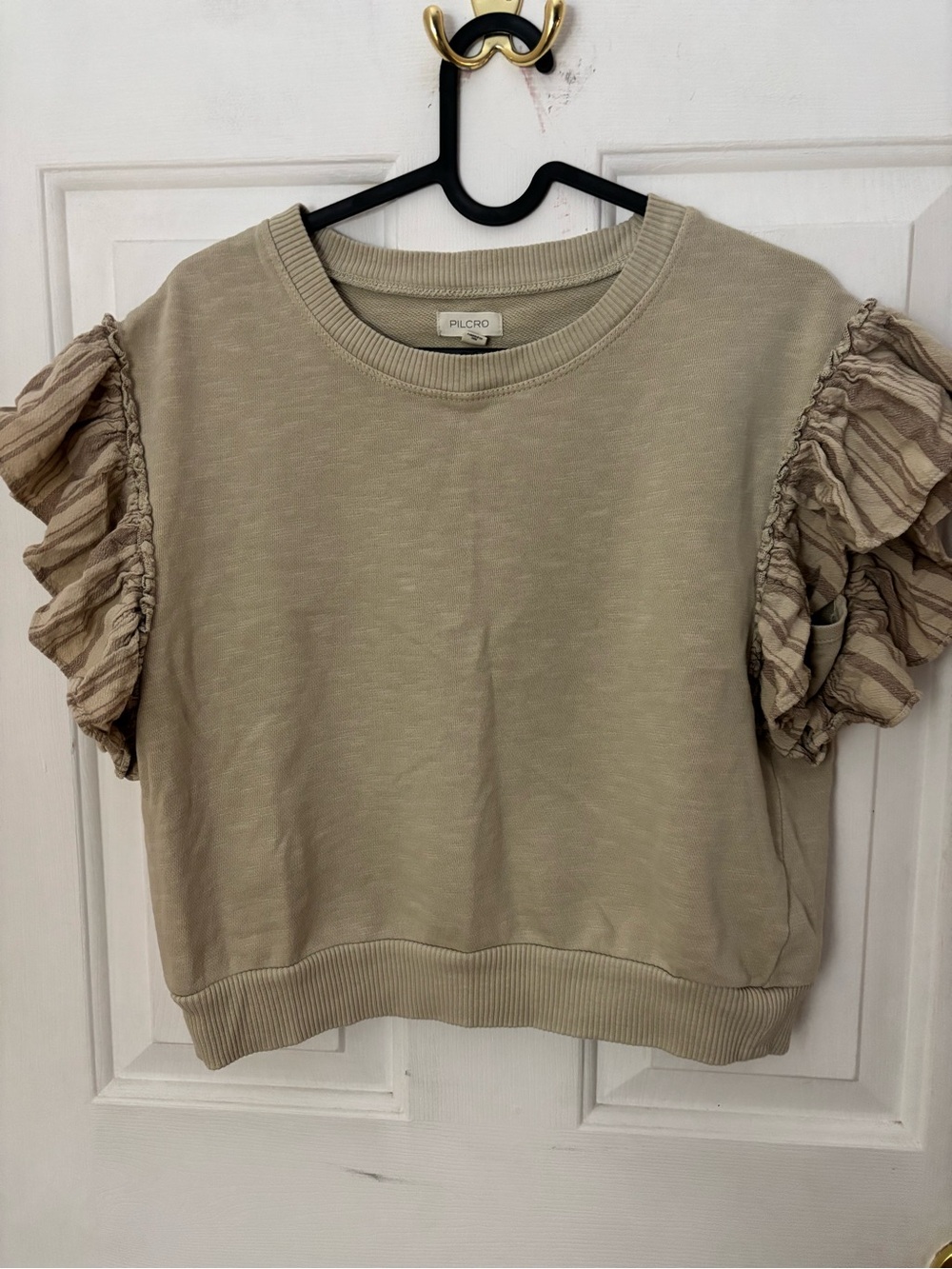 Pilcro Beige Short-Sleeve Ruffle Sweatshirt